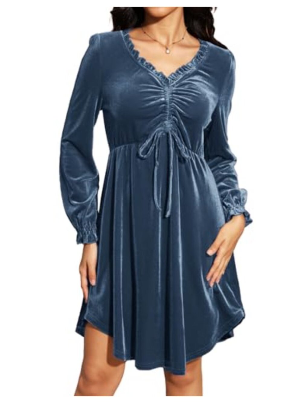 Velvet V-Neck Ruffle Long Sleeve Mini Skater Dress
